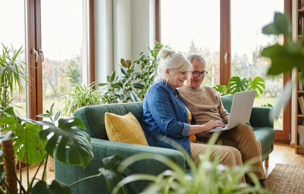 Senior couple sitting on a green sofa using a laptop in a sunlit living room with plants.