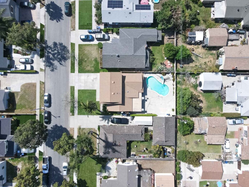 aerial view of houses in neighborhood