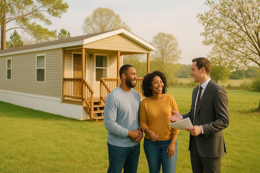 Smiling South Carolina couple meeting with a friendly local cash homebuyer from Table Rock Homebuyers outside their well-kept single-wide mobile home.