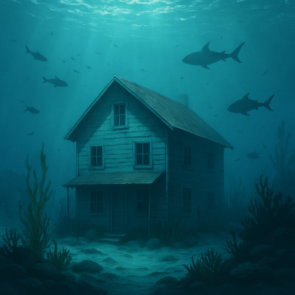 AI-generated image of a South Carolina house underwater representing an upside-down or underwater mortgage situation.