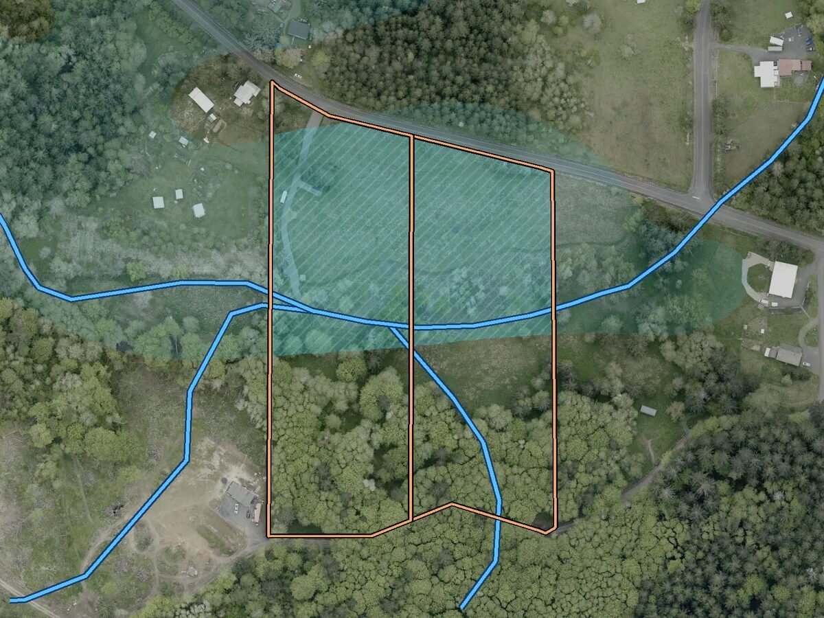 Aerial map of 11 acres near Vader, WA with mapped streams and wet soils marked