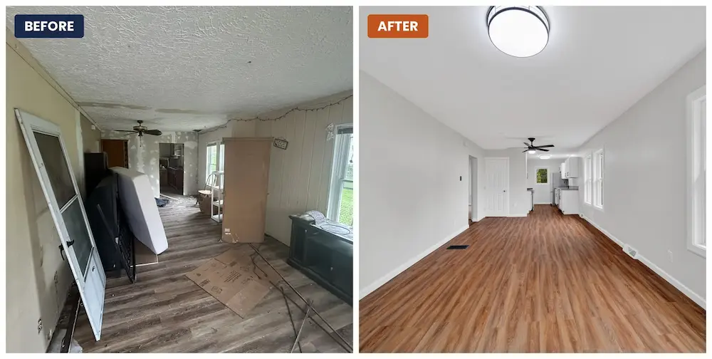 Before and after living room renovation of an Erie PA home purchased as-is