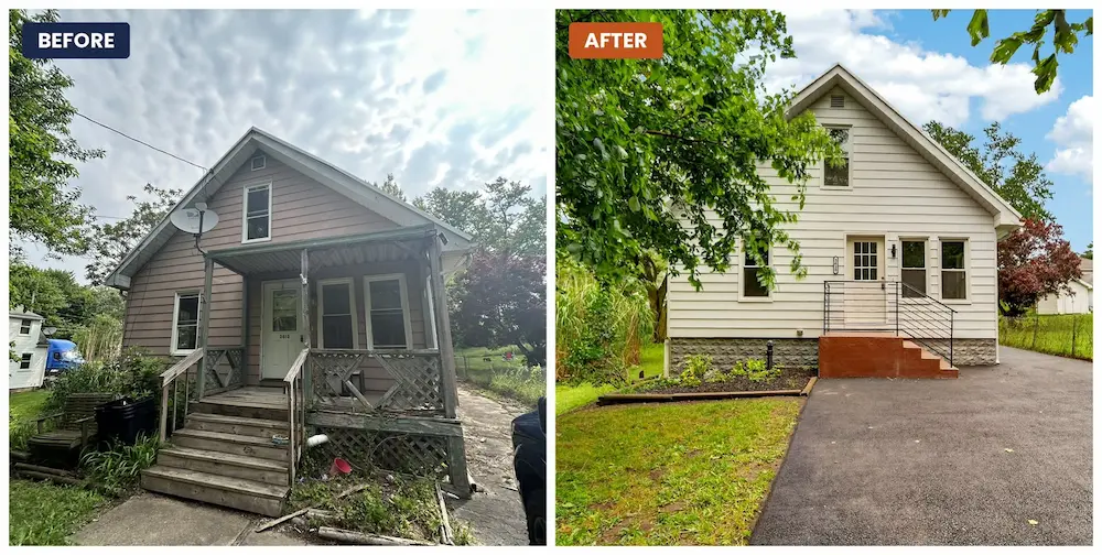 Before and after exterior renovation of an Erie PA house purchased by Brandon Buys Houses