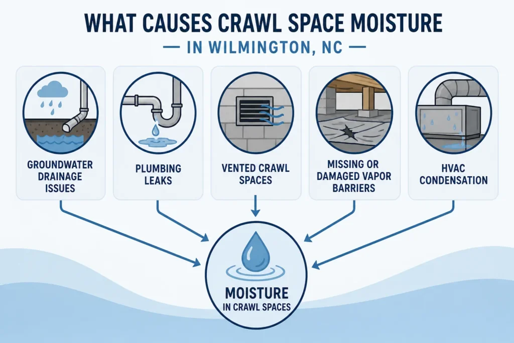 crawl space moisture problems NC- causes for crawl space moisture