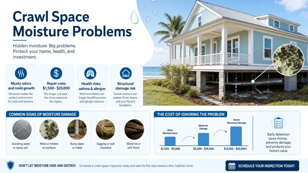 crawl space moisture problems NC- common signs, repair costs, risks, more