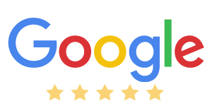 Google logo in its traditional multicolored font with a red 'G', orange 'o', yellow 'o', blue 'g', green 'l', and red 'e', followed by a row of five gold stars below, suggesting a five-star rating.