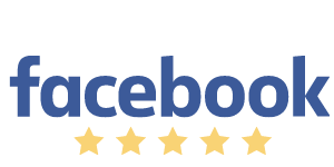 Facebook logo in dark blue lowercase letters, followed by a row of four gold stars below, indicating a four-star rating.