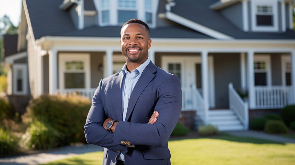 Smiling real estate agent standing confidently in front of a house.