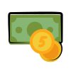 Icon of a green banknote with two gold coins in front, symbolizing cash or financial transactions.