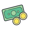 Icon of a green banknote with two yellow coins, representing money or financial transactions.
