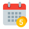 Icon of a calendar with a red header and a yellow circle with the number 5, representing an installment plan or scheduled payment due in five days