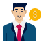 Icon of a businessperson in a suit with a dollar sign speech bubble, representing an investor or financial advisor