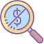 A magnifying glass over a dollar sign with a slash through it, representing transparency and no hidden fees.