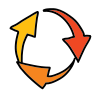 Icon of three arrows forming a circular loop in yellow, orange, and red, symbolizing a process or cycle.
