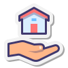 An open hand holding a small house, representing real estate or property management.