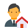 Icon of a real estate agent wearing a suit with a small house beside them, representing property sales or real estate services.