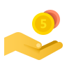 A yellow hand holding a gold coin with the number 5, symbolizing receiving payment or cash.