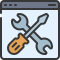 Icon depicting a browser window with a wrench and screwdriver crossed inside, symbolizing tools for website or software repair and maintenance