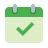 A simple icon featuring a green calendar with a prominent check mark, representing scheduled appointments or successful planning in real estate. This icon is ideal for emphasizing timely real estate closings, property viewing appointments, or important contract signing dates.