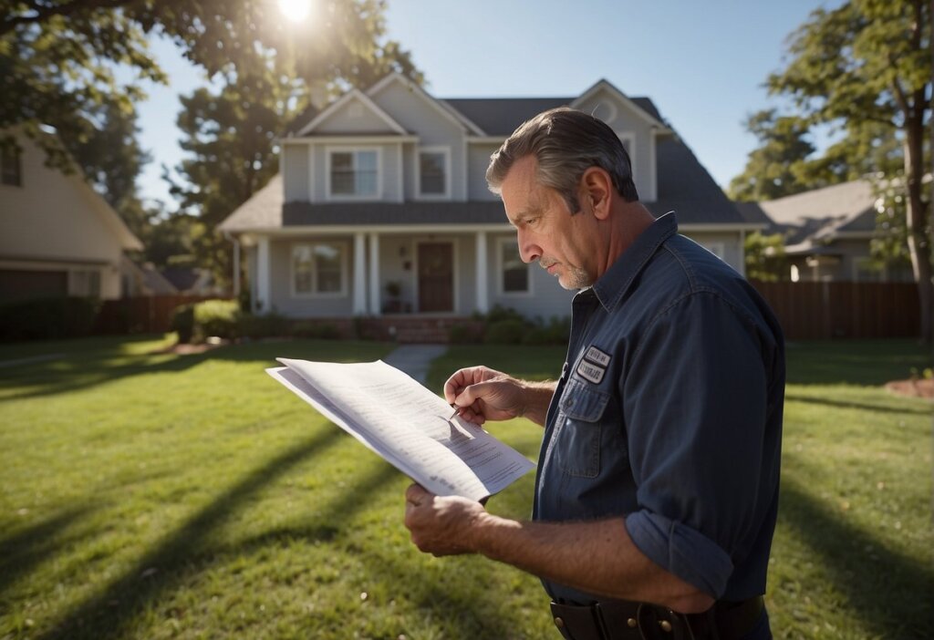 A home inspector carefully reviewing documents outside a suburban house on a sunny day, highlighting the importance of thorough home inspections.