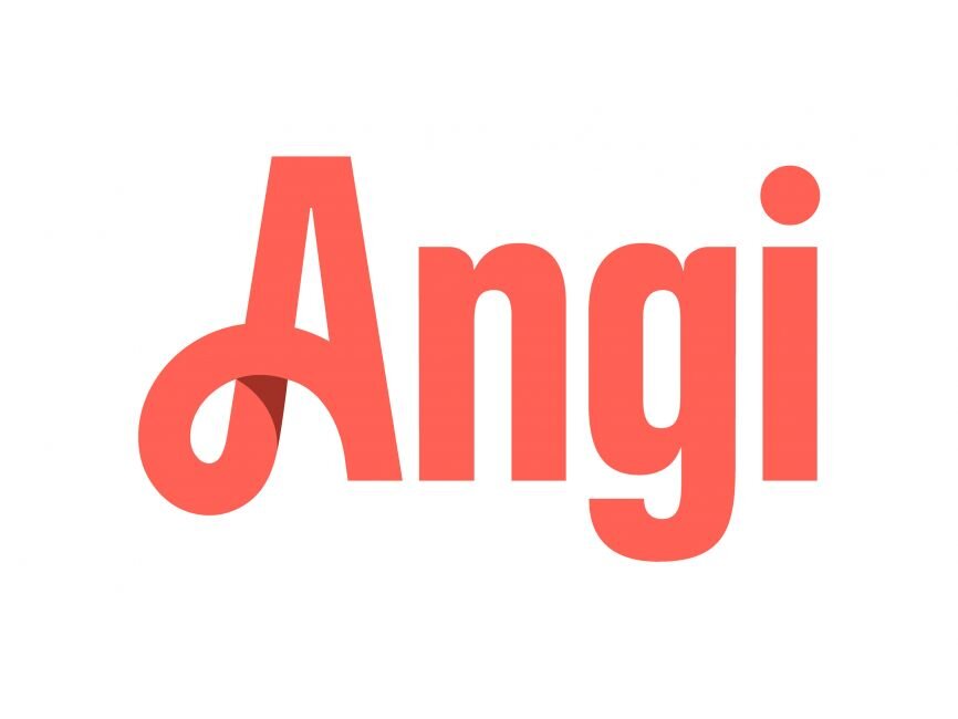 Angi logo in bold red font, with a stylized 'A' featuring a loop.