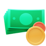 An icon depicting cash and coins, symbolizing financial transactions or payments.