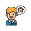  A cartoon-style icon of a smiling real estate agent offering consultation about buying or selling property.