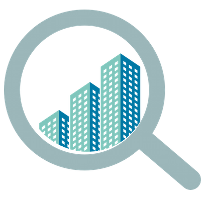 A logo showing three high-rise buildings inside a magnifying glass, symbolizing real estate or property search services.