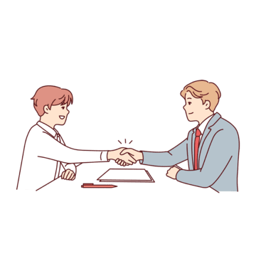 Illustration of two business professionals shaking hands over a signed document, symbolizing a successful deal or agreement.