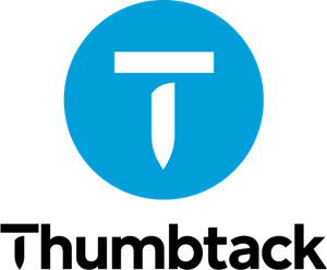 A round, blue logo featuring a white thumbtack icon in the center. The word "Thumbtack" is written in black, bold letters below the logo.