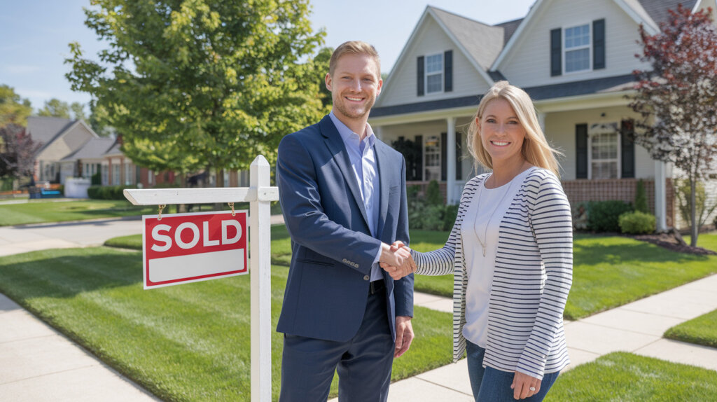 A real estate agent in a suit shaking hands with a smiling woman in front of a house with a "Sold" sign, symbolizing a successful home sale in a suburban neighborhood.