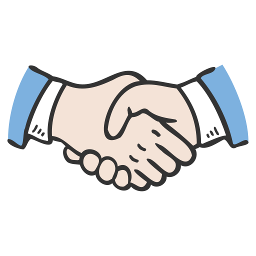 A cartoon-style icon of a handshake between two individuals in business attire, representing a successful agreement or partnership.