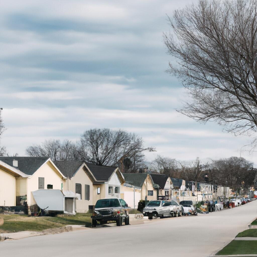 A quiet residential street lined with small, single-story homes. The scene is calm, with cars parked along the roadside and bare trees indicating a colder season. The sky is slightly overcast, adding a serene yet muted atmosphere to the neighborhood.