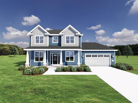  A newly constructed, two-story blue house with white trim, large windows, and a two-car garage. The property features a wide driveway, a neatly landscaped front yard, and sits on a sprawling green lawn under a clear sky.