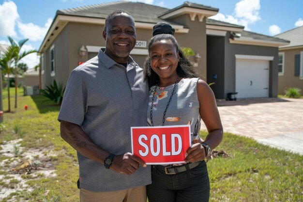 A smiling couple standing outside their new home, holding a red and white "SOLD" sign. They are dressed casually, and the background features a modern home with a well-maintained yard, symbolizing the joy and accomplishment of buying a new house.