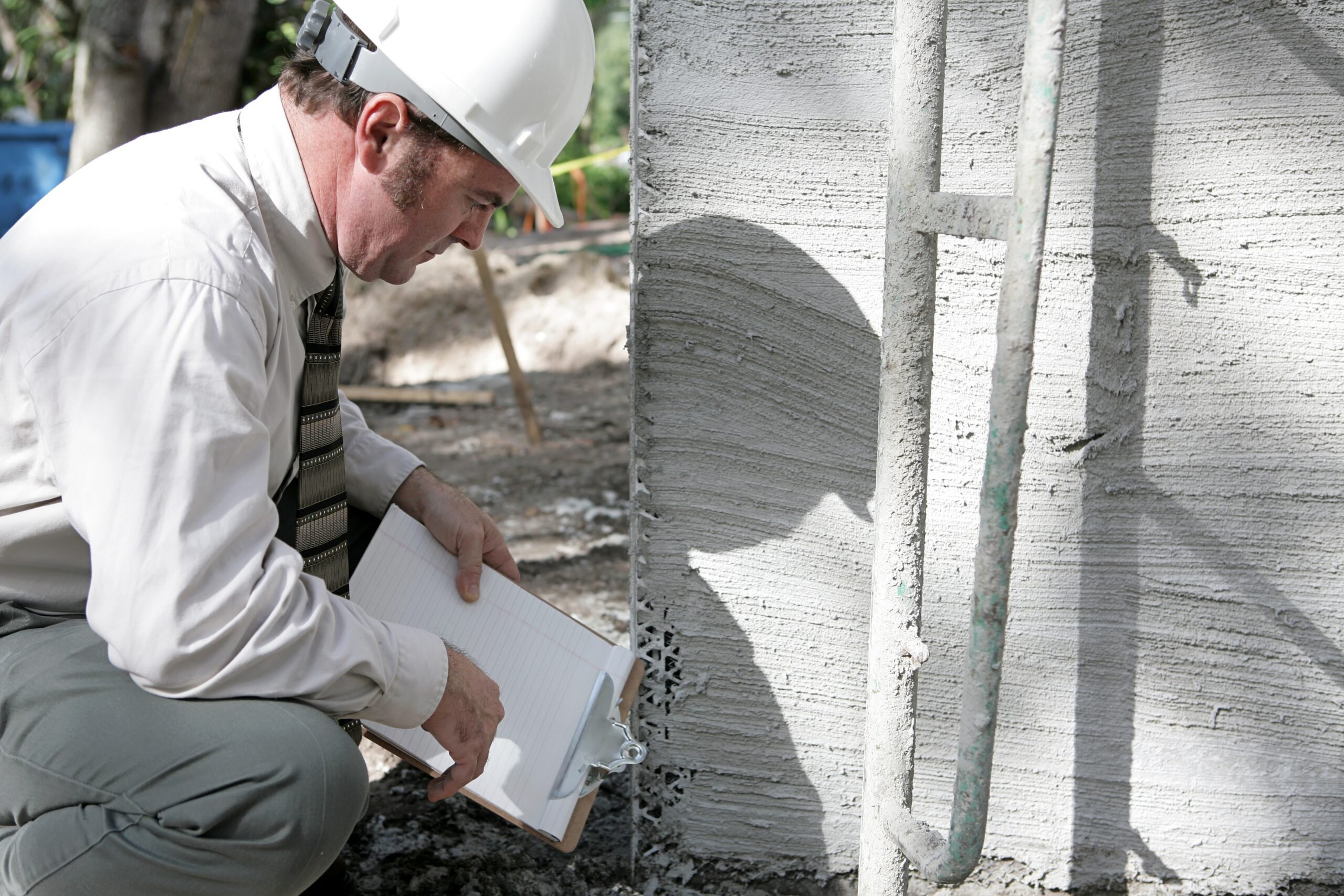 A construction inspector wearing a white hard hat and a formal shirt and tie kneels down beside a concrete wall. He holds a clipboard and pen, carefully examining the surface texture and recording observations. The environment is an active construction site, and the focus is on the inspection process.
