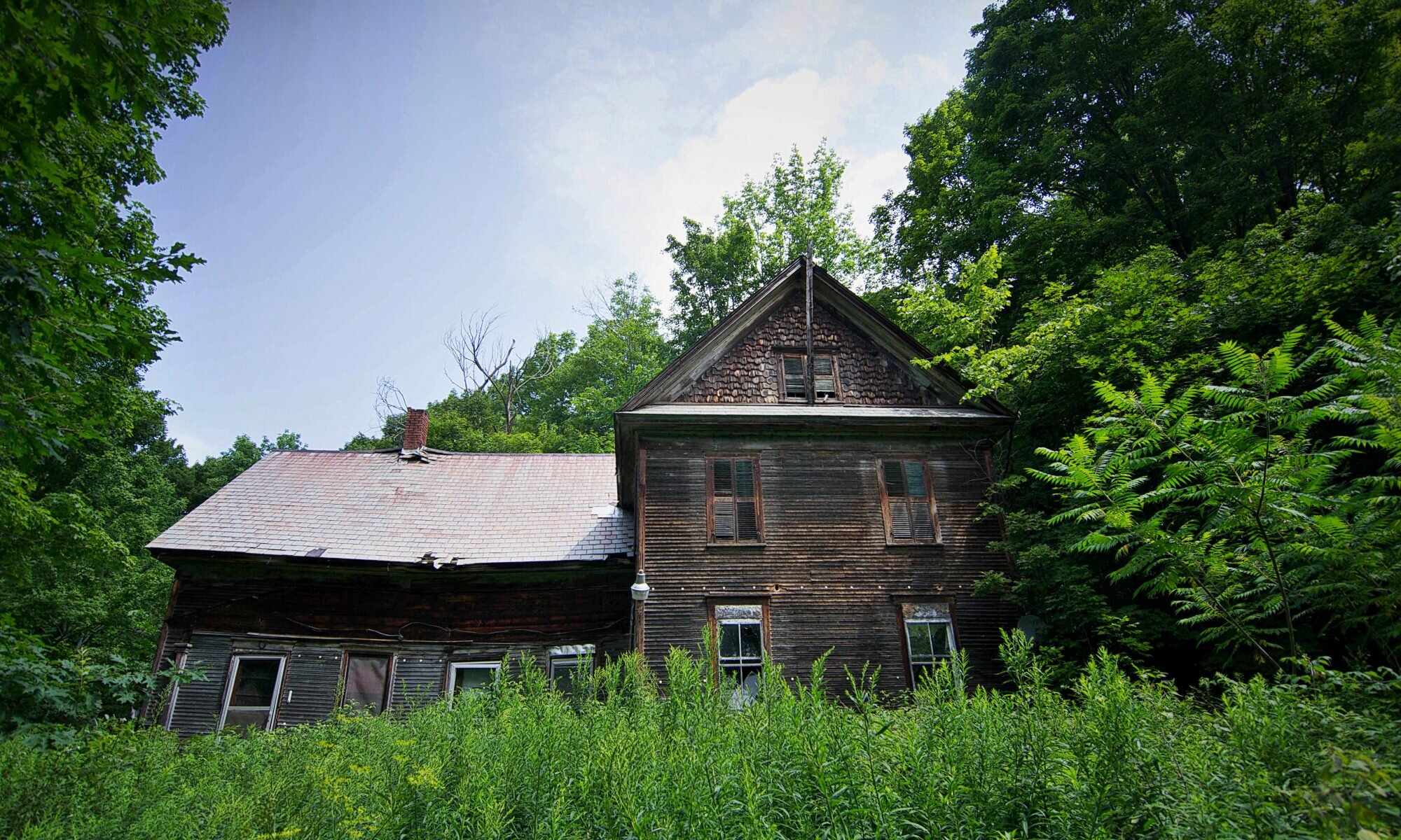 An old, abandoned wooden house surrounded by overgrown vegetation and dense greenery, with a partially collapsed roof and faded exterior. The property appears neglected and isolated, set against a backdrop of thick forest.