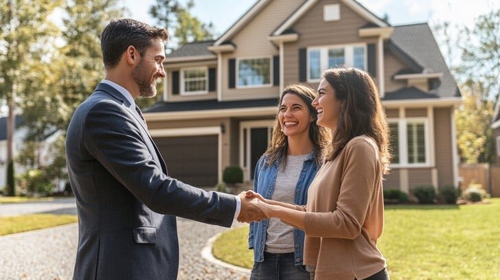 A real estate agent in a suit shakes hands with two smiling women in front of a beautiful suburban home. The image captures a professional and welcoming atmosphere, showcasing successful property sales or house purchases.