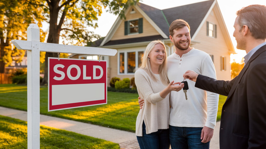 A real estate agent handing over keys to a smiling couple standing in front of their new home, with a large “SOLD” sign in the foreground.