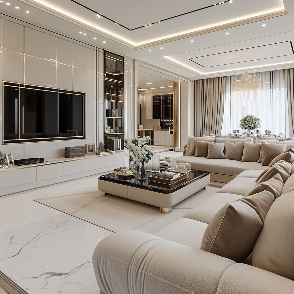 Luxurious modern living room with a large sectional sofa, sleek marble floors, and a black marble coffee table adorned with decor, highlighted by ambient lighting and elegant ceiling design, creating a sophisticated and inviting atmosphere.