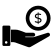 A black icon showing two hands, one giving and the other receiving money, symbolizing transactions, payments, or donations.