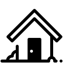 A minimalist black and white icon of a home with a pointed roof and chimney, representing real estate, housing, or property.