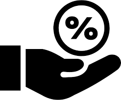 A black and white icon of an open hand with a circle above it containing a percentage sign, symbolizing financial services or interest rates.