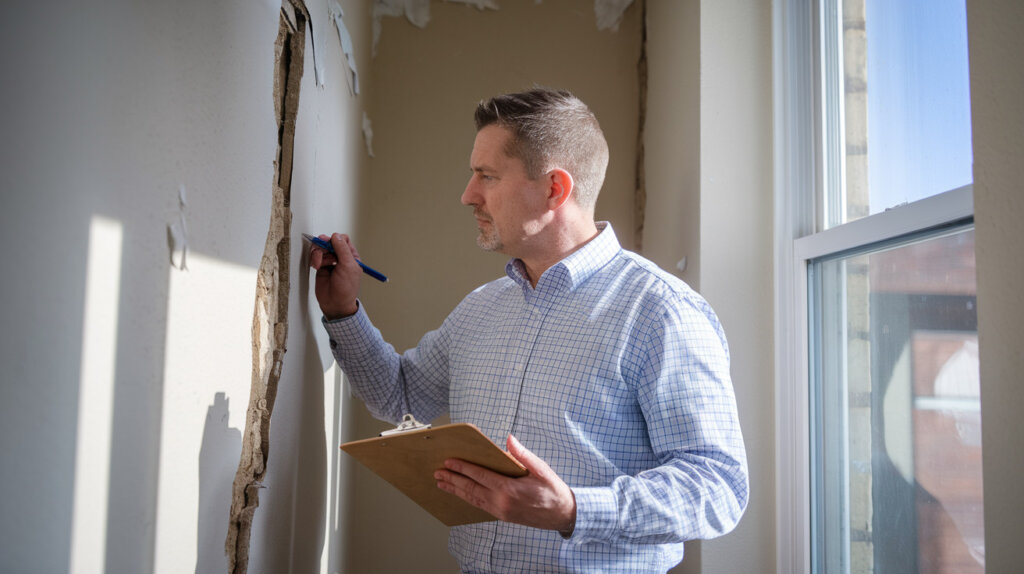 A property inspector closely examines a damaged wall, holding a clipboard and pen, observing a significant crack in the interior wall. The inspector wears a checkered shirt and looks focused as he assesses the condition of the property.