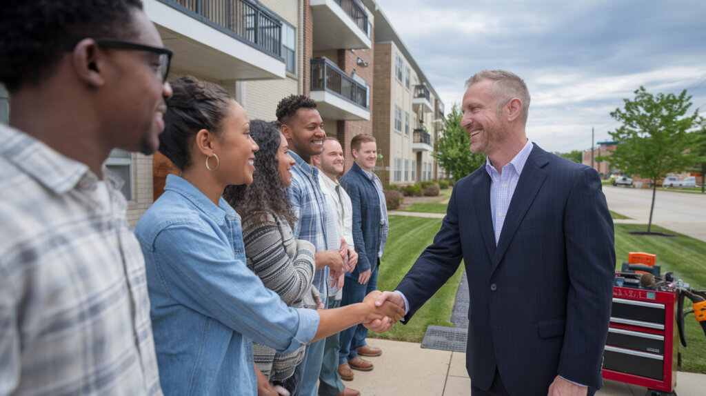 A friendly interaction between a man in a suit and a diverse group of people outdoors near a modern apartment complex. The man extends his hand to greet a woman in a denim shirt, with others smiling and standing in line, creating a warm, welcoming community atmosphere.