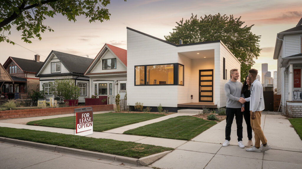 A couple meets with a real estate agent outside a modern home with a 'FOR LEASE OPTION' sign on the lawn, set in a suburban neighborhood at dusk, highlighting a rental or lease agreement.