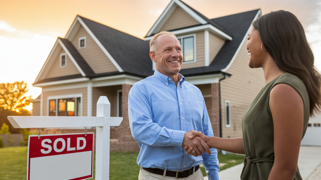 A man in a blue button-down shirt smiles as he shakes hands with a woman in front of a house with a 'SOLD' sign, symbolizing a successful property sale at sunset.