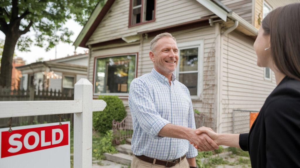 A middle-aged man in a light plaid shirt smiles as he shakes hands with a woman in front of a house, symbolizing the completion of a real estate transaction. A large red "SOLD" sign is prominently displayed in the foreground, indicating the successful sale of the property. The house in the background has a slightly weathered exterior, suggesting it may be an older home. The interaction and the sold sign convey a sense of accomplishment and satisfaction in the home-buying or selling process.