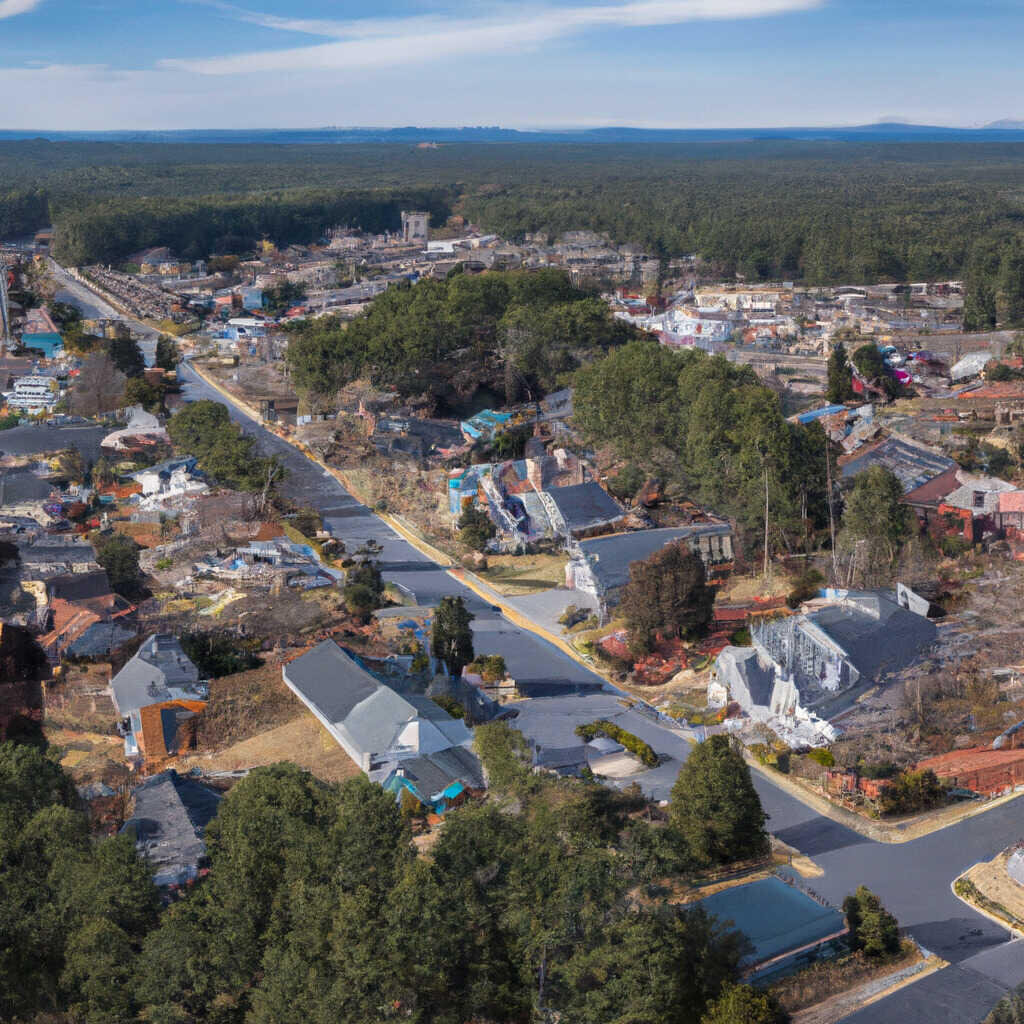 Aerial view of a residential neighborhood surrounded by trees, with houses, streets, and open spaces visible under a bright, clear sky.