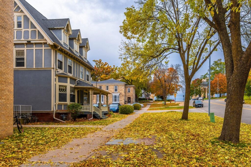 Residential street in Madison with tree-lined sidewalks covered in autumn leaves.